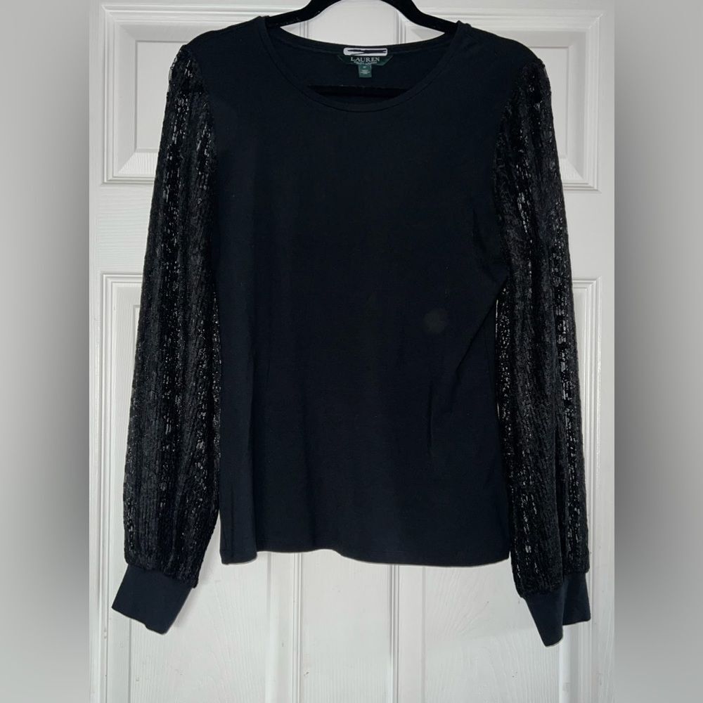 Ralph Lauren black elegant style blouse with Lace Sleeves Size Medium EUC